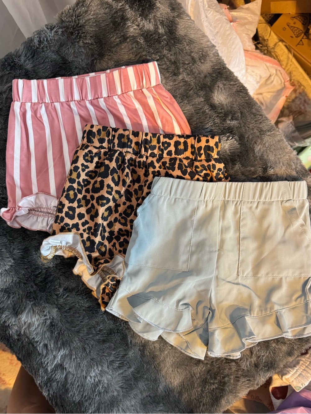 3-Pack Girls' Elastic Waist Ruffle Shorts - Pink Stripe, Leopard, Cream